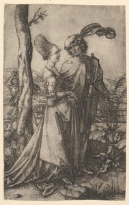 Señor y señora caminando con la figura de la muerte escondida detrás de un árbol, sosteniendo un reloj de arena, ca. 1500-1534 de Marcantonio Raimondi