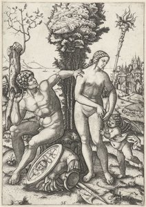Marte y Venus como pareja amorosa con Amor de Marcantonio Raimondi
