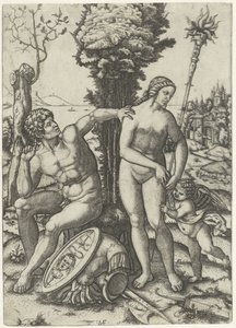 Marte y Venus como pareja amorosa con Amor de Marcantonio Raimondi