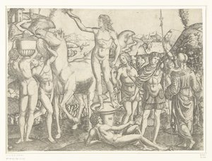 Hombre desnudo con antorcha se para en un pedestal rodeado de hombres desnudos con caballo y jarrón y soldado flanqueado por virtudes Prudencia y Amor de Marcantonio Raimondi