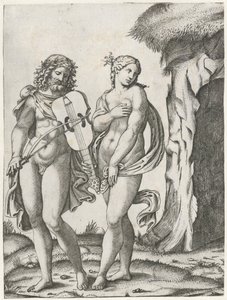 Orfeo toca la viola antes de que Eurídice vaya al inframundo de Marcantonio Raimondi