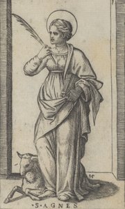 Santa Inés de pie sosteniendo una palma en su mano derecha, una oveja abajo a la izquierda, ca. 1500-1527 de Marcantonio Raimondi