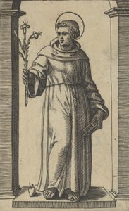 San Antonio de Padua de pie, lirios en su mano derecha levantada, un libro en su..., ca. 1500-1527 de Marcantonio Raimondi