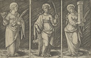 Santa Bárbara izquierda, Santa Catalina centro, Santa Lucía derecha, ca. 1500-1527 de Marcantonio Raimondi