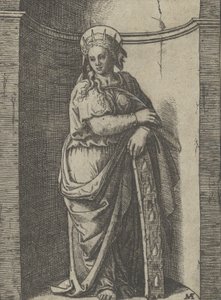 Santa Catalina de pie en un nicho, apoyada en una rueda, su instrumento de tortura de Marcantonio Raimondi
