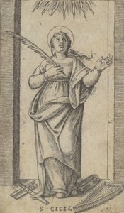 Santa Cecilia de pie sosteniendo una palma de martirio en su mano derecha, de la serie de Marcantonio Raimondi