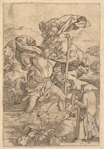 San Cristóbal cruzando el río con Cristo en forma de putto en su hombro, ca. 1500-1534 de Marcantonio Raimondi