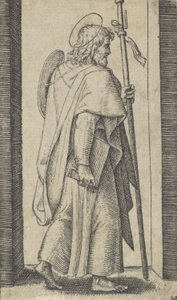 Santiago el Mayor, libro en su mano derecha, bastón en su mano izquierda mirando a la derecha, ca. 1500-1527 de Marcantonio Raimondi