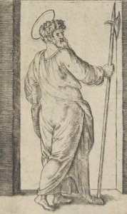 San Judas, sosteniendo una alabarda en su mano derecha, de la serie 