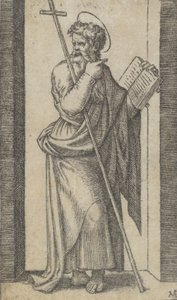 San Felipe, libro en su mano izquierda, bastón descansando en su brazo izquierdo, de la serie..., ca. 1500-1527 de Marcantonio Raimondi