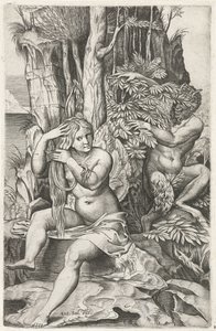Satyr espiando a una ninfa en su baño Pan y Syringe de Marcantonio Raimondi