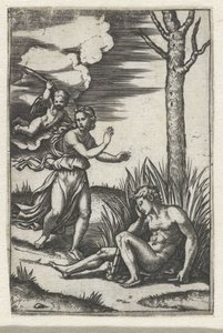 Hombre dormido y ninfa perseguidos por Amor de Marcantonio Raimondi