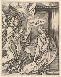 La Anunciación, a la izquierda el arcángel Gabriel se acerca a la Virgen orante..., ca. 1500-1534 de Marcantonio Raimondi