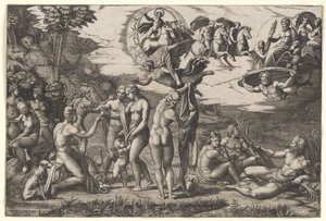 El Juicio de París: está sentado a la izquierda con Venus, Juno y Palas Atenea, una victoria alada encima, c.1510-20 (grabado) de Marcantonio Raimondi