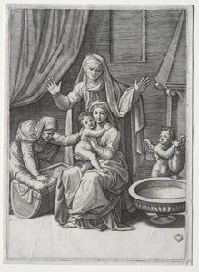 La Virgen y la cuna con Santa Isabel y Santa Ana, 1520 de Marcantonio Raimondi