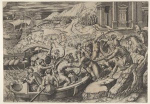 El rapto de Helena, escena de batalla en una orilla con dos hombres llevando a Helena a un b... de Marcantonio Raimondi