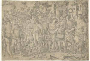 Procesión triunfal del emperador romano con soldados y armaduras saqueadas de Marcantonio Raimondi