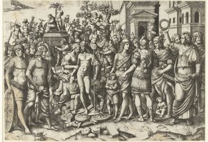 Procesión triunfal del emperador romano con soldados y armaduras saqueadas de Marcantonio Raimondi
