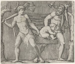 Dos faunos llevan a un niño en una cesta de Marcantonio Raimondi