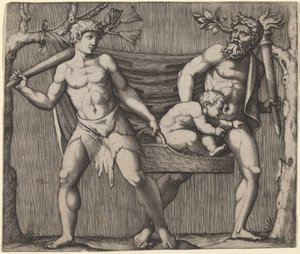Dos faunos llevando a un niño de Marcantonio Raimondi