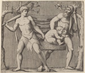 Dos faunos llevando a un niño de Marcantonio Raimondi