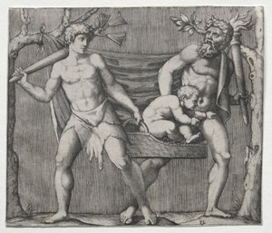 Two Fauns Carrying a Child in a Basket de Marcantonio Raimondi