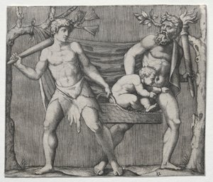 Dos faunos llevando a un niño en una cesta, c. 1513-1515 de Marcantonio Raimondi
