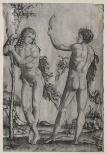 Dos hombres desnudos junto a un árbol de Marcantonio Raimondi