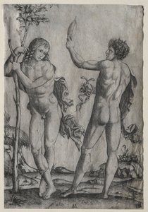 Dos hombres desnudos junto a un árbol