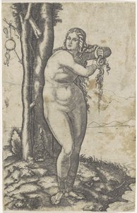 Venus se para al borde del agua y exprime el agua de su cabello. nacimiento de venus de Marcantonio Raimondi