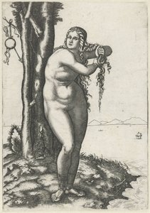 Venus se para al borde del agua y exprime el agua de su cabello. nacimiento de venus de Marcantonio Raimondi