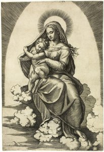 Virgen y Niño sentados en las nubes de Marcantonio Raimondi