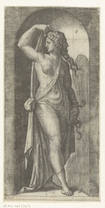 Mujer como personificación de Prudentia con serpiente y máscara Siete virtudes (título de la serie) de Marcantonio Raimondi