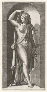 Mujer como personificación de la Prudencia (Prudentia) con serpiente y máscara
Siete Virtudes (título de la serie) de Marcantonio Raimondi