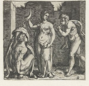 Mujer con luna creciente flanqueada por un fauno que toca el cuerno y un hombre en cuclillas de Marcantonio Raimondi