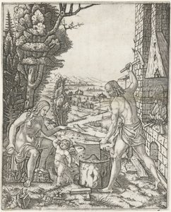 Vulcano forja flechas y alas para Amor en presencia de Venus de Marcantonio Raimondi