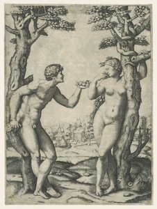 Caída de Adán y Eva en el árbol del conocimiento del bien y del mal con la serpiente