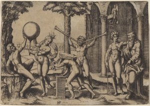 El hombre con dos trompetas de Marcantonio Raimondi after Baccio Bandinelli
