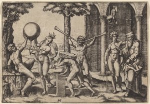 El hombre con dos trompetas de Marcantonio Raimondi after Baccio Bandinelli