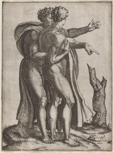 Dos hombres desnudos de Marcantonio Raimondi after Michelangelo