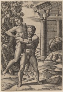 Hércules y Anteo de Marcantonio Raimondi, after Raphael
