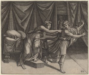 José y la Esposa de Potifar de Marcantonio Raimondi after Raphael