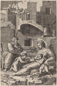 La Sagrada Familia con el joven San Juan Bautista (La Madonna del muslo largo) de Marcantonio Raimondi after Raphael