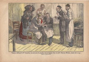 Pasteur, asistido por el Dr. Grancher, inoculó por primera vez el famoso virus en el pequeño amo alsaciano, infectado de rabia., Le Pèlerin, 5/11/1922 (impresión) de Marcel Lecoultre