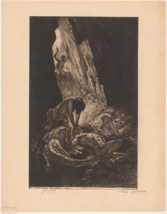 Interior de una cueva oscura con criaturas devorando a un hombre desnudo
Guet-apens (título en el objeto)