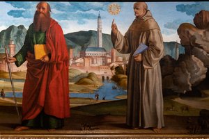 San Francisco recibiendo los estigmas entre Santa Clara y Pedro, el beato Bartolomeo de Breganze y San Pablo y Bernardino, detalle de Marcello Fogolino