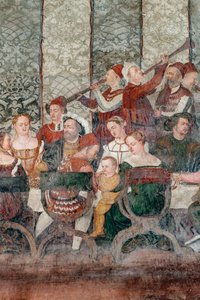Banquete, detalle de la visita de Christian I de Dinamarca a Bartolomeo Colleoni, Salón de Honor de Marcello or Romani Girolamo (Romanino) (c.1485 c.1566) (attr.to) Fogolino