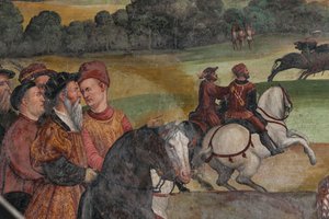 Escena de caza, detalle de la Visita de Cristiano I de Dinamarca a Bartolomeo Colleoni, Salón de Honor de Marcello or Romani Girolamo (Romanino) (c.1485 c.1566) (attr.to) Fogolino