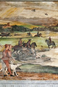Escena de caza, detalle de la Visita de Cristiano I de Dinamarca a Bartolomeo Colleoni, Salón de Honor de Marcello or Romani Girolamo (Romanino) (c.1485 c.1566) (attr.to) Fogolino