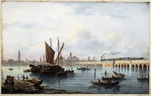 El puente sobre la laguna en el "Álbum de las principales vistas de Venecia" dibujado por Marco Moro ed. Gio Brizeghel n.d 1840. aprox. de Marco (after) Moro